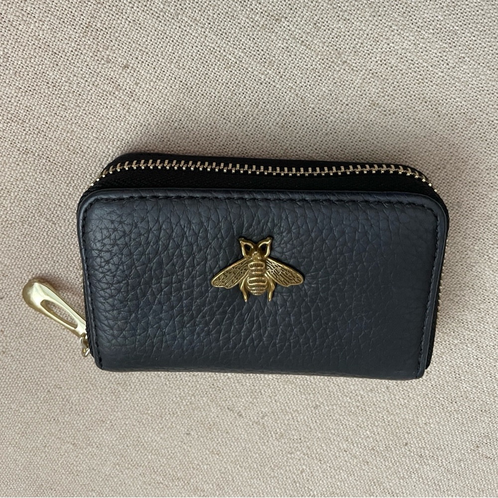 Black Leather Wallet with Gold Bee Accent